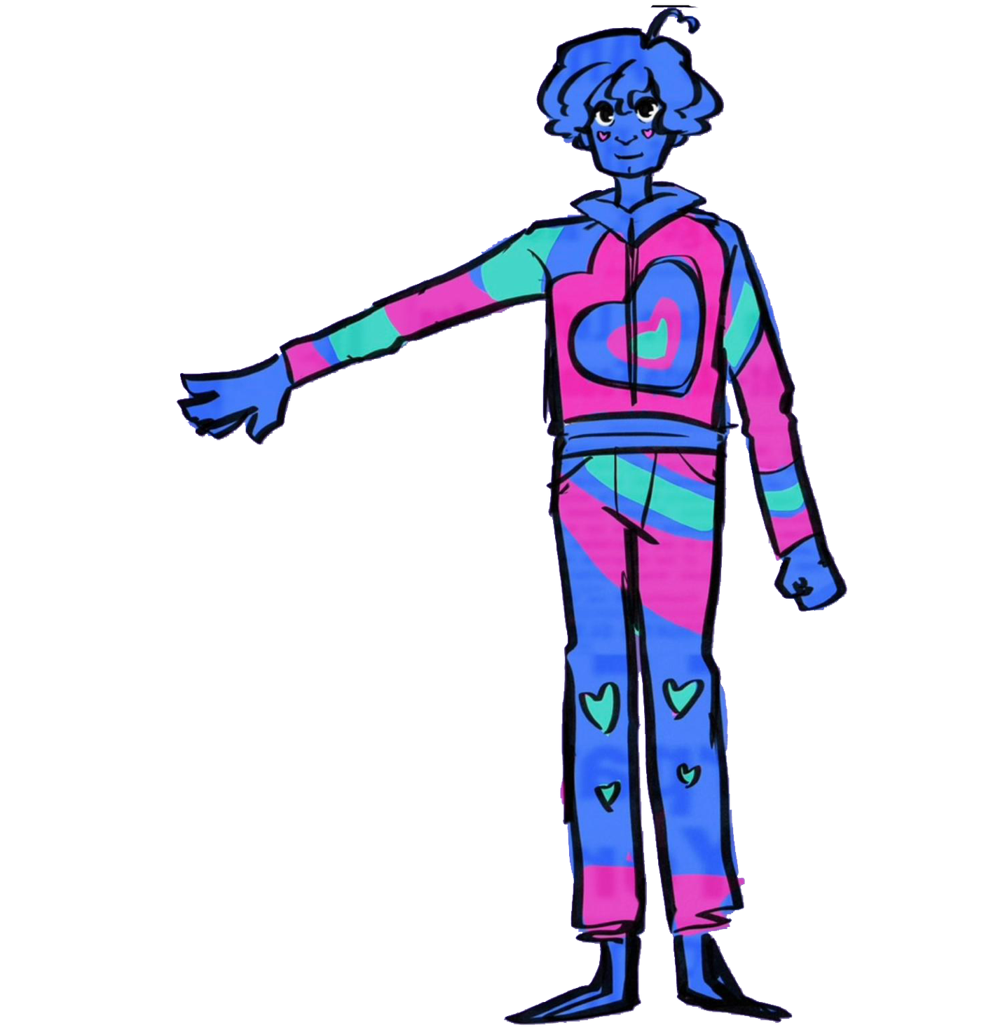 A colorful drawing of a person with blue skin, hair, and facial features, wearing a rainbow-colored hoodie with a heart in the middle, and rainbow-colored pants with heart patterns, extending their right arm outward.