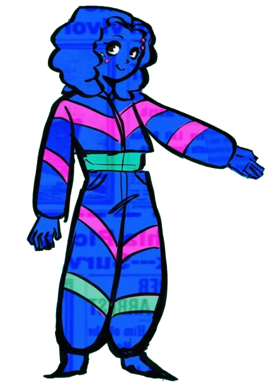 A digital illustration of a cartoon girl with blue skin, wearing a colorful tracksuit with pink, blue, and green stripes. The girl has curly hair, a friendly expression, and is waving with her right hand.