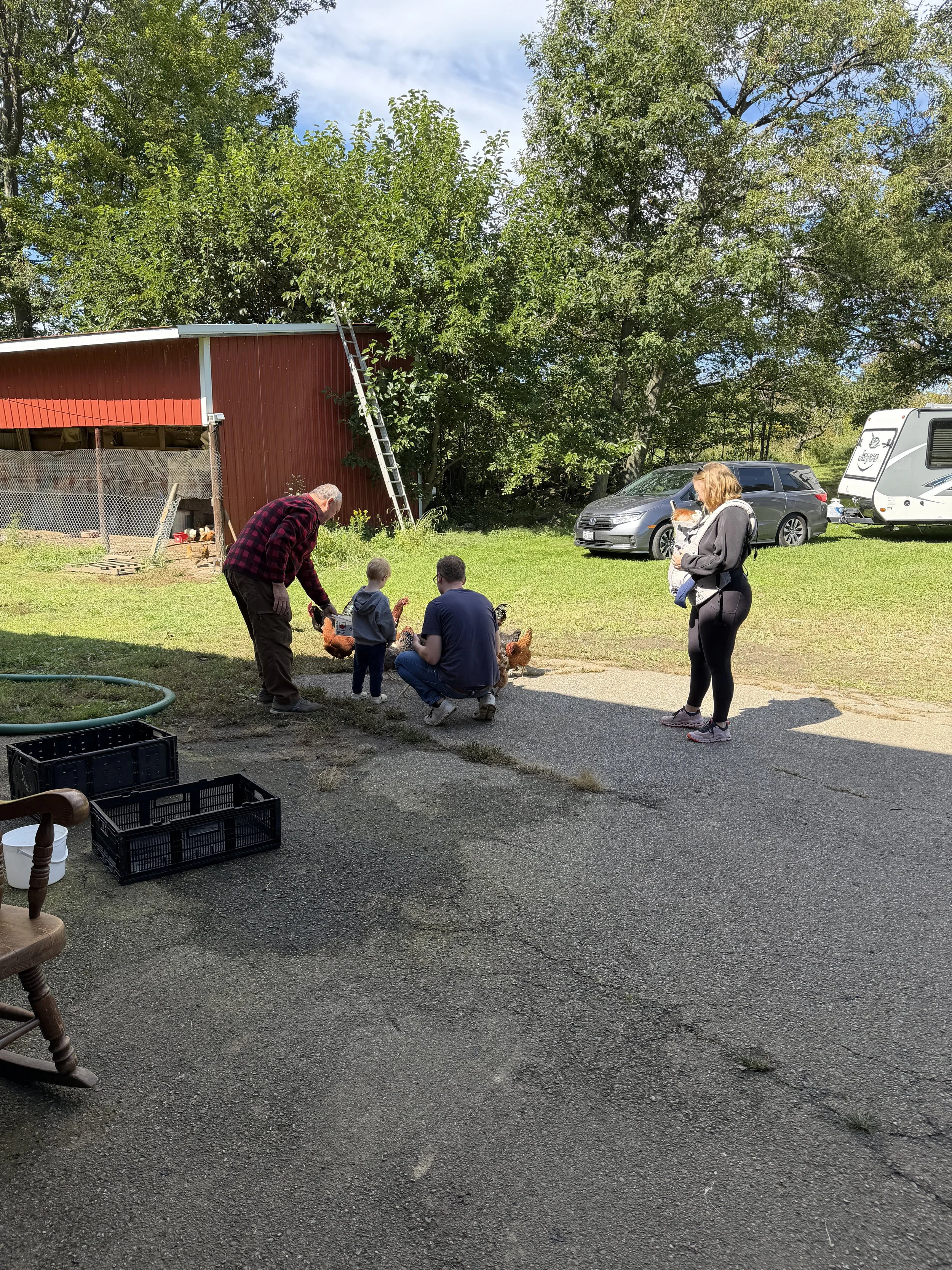 family outdoors with chickens in a yard.jpeg