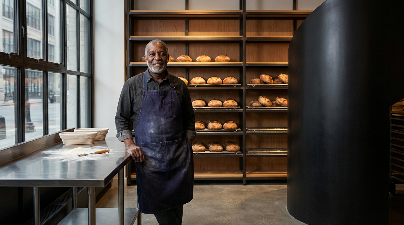 A smiling man in a dark apron stands in a bakery with shelves of bread in the background and a metal table with bowls and a rolling pin nearby.