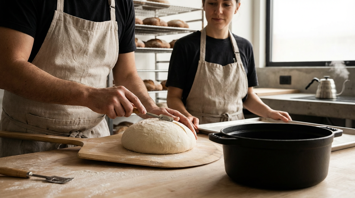 Two people preparing dough in a kitchen. One is slicing the dough on a wooden cutting board, while the other observes. They are wearing aprons. In the background, there are racks of bread and a window with steam rising from a kettle.