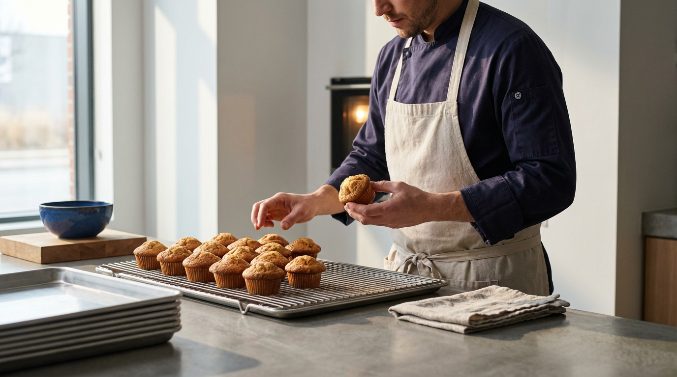 A person in a dark shirt and beige apron is placing muffins on a wire rack in a kitchen.