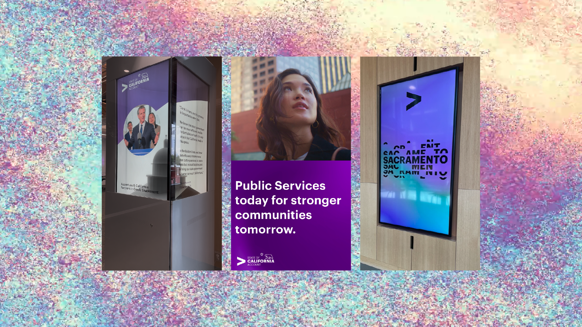 Three display screens with different content related to California government and public services, set against a colorful, abstract background.