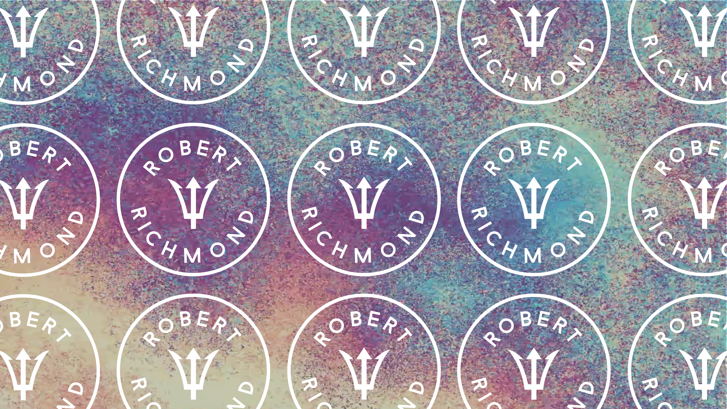 Pattern of circular logos with the words "Robert Ricchmond" and a trident symbol, over a multicolored, textured background.