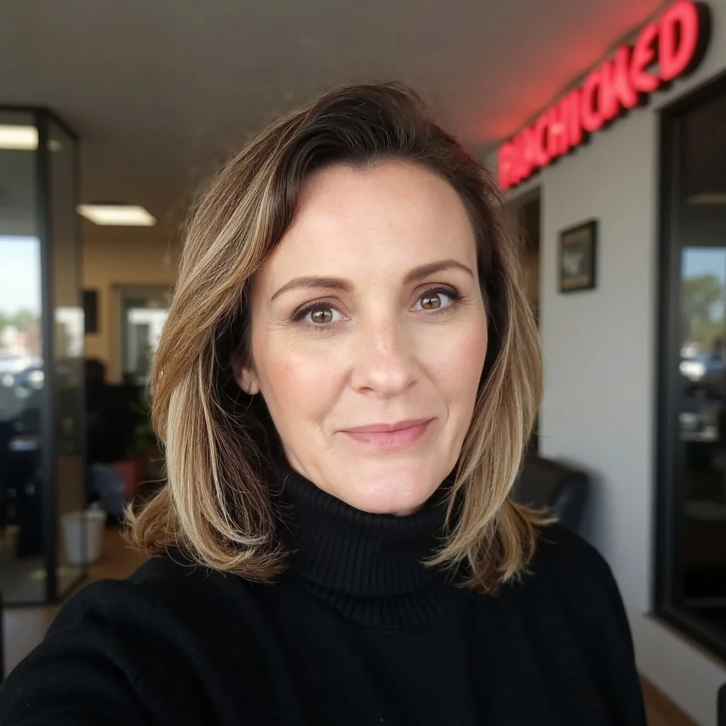 A woman with shoulder-length light brown hair and wearing a black turtleneck, smiling at the camera inside a commercial building with a red illuminated sign that says 'FRIED CHICKENED' in the background.