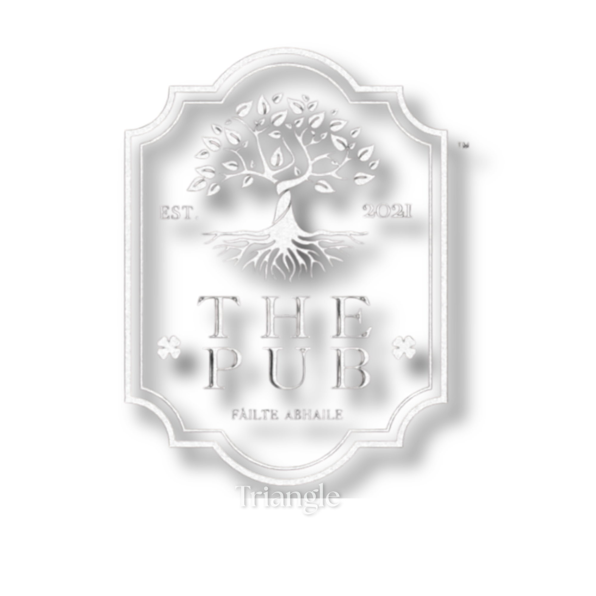A black and white logo featuring a tree with roots and branches, with a shield-shaped border. The text includes 'EST. 2021', 'THE', 'PUB', and 'Triangle' at the bottom.