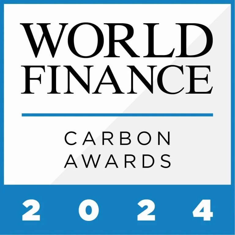 The image shows the logo for the World Finance Carbon Awards 2024, with a black and gray color scheme and a blue border around the text.