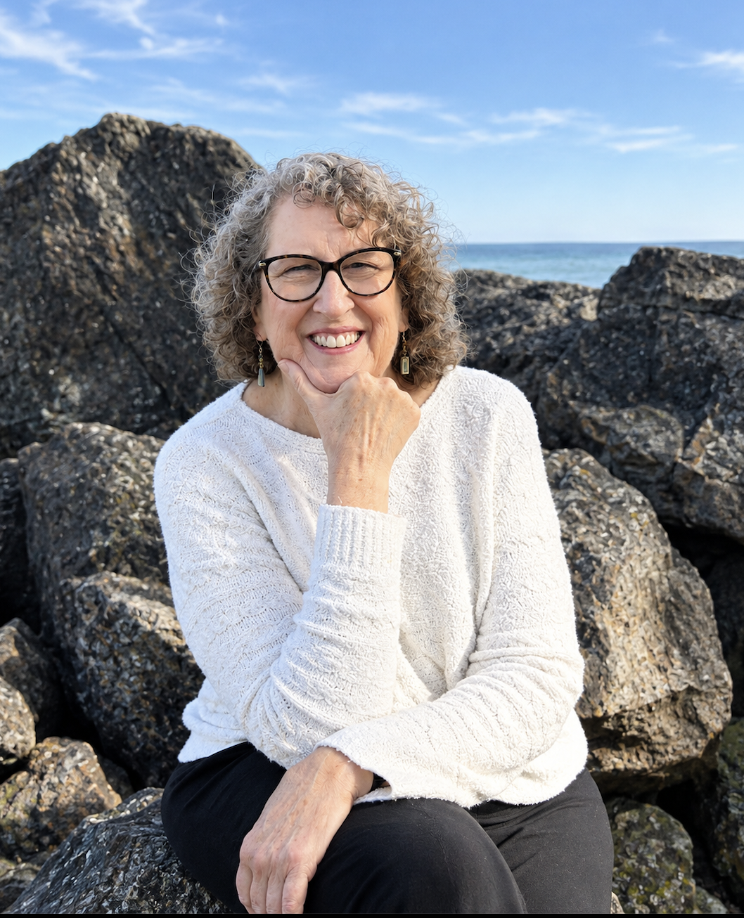 Julie Conant, Small Business Strategist. smiling woman with curly hair and glasses sitting on large rocks by the ocean, wearing a white sweater and black pants under a blue sky.