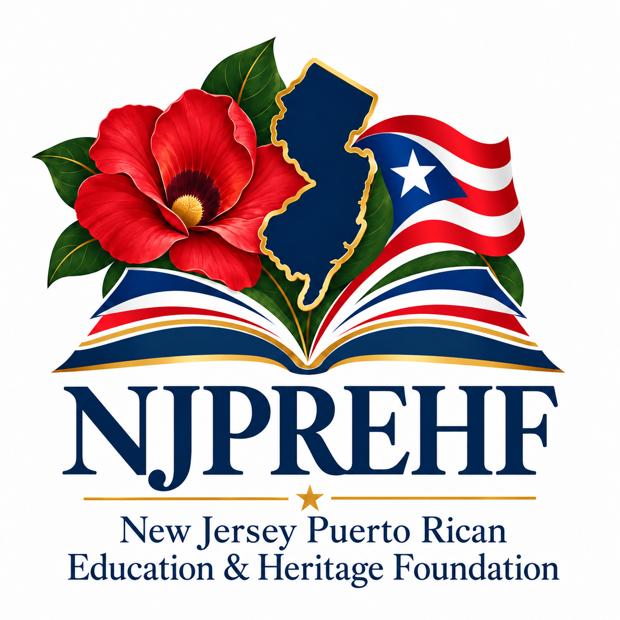 A logo with a magnolia flower, an outline of New Jersey with a gold border, and an American flag waving behind an open book. Below, the text reads 'NJPREHF' with a star between 'NJ' and 'PREHF', and smaller text underneath says 'New Jersey Puerto Rican Education & Heritage Foundation'.