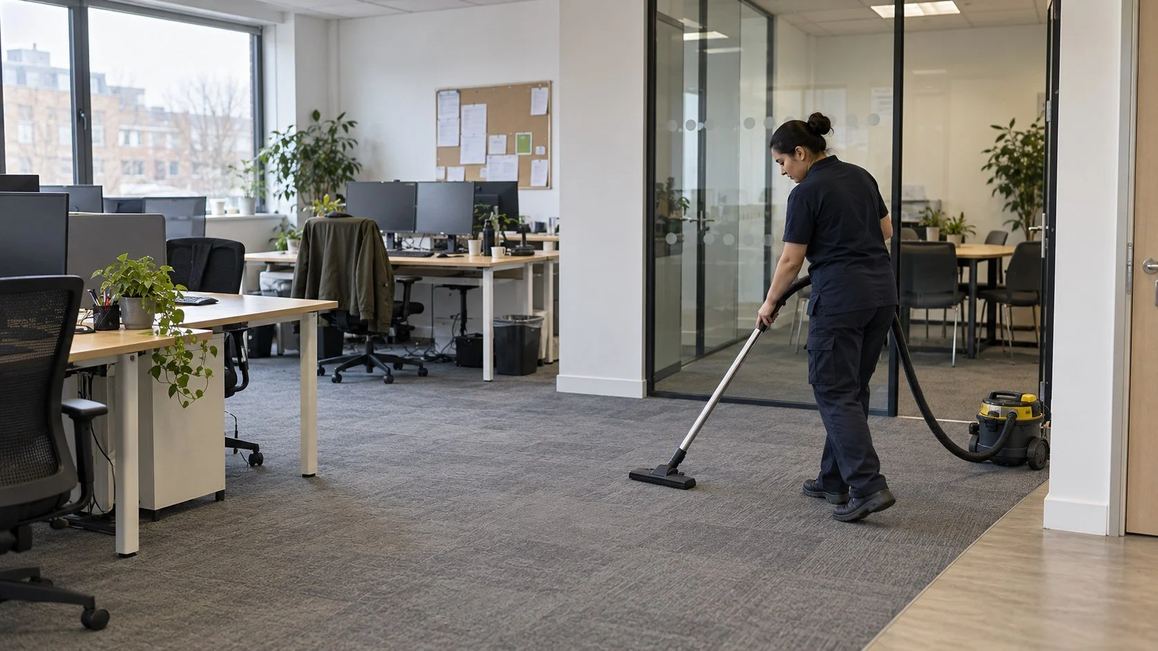 AI-generated illustration of a cleaner vacuuming a modern commercial office