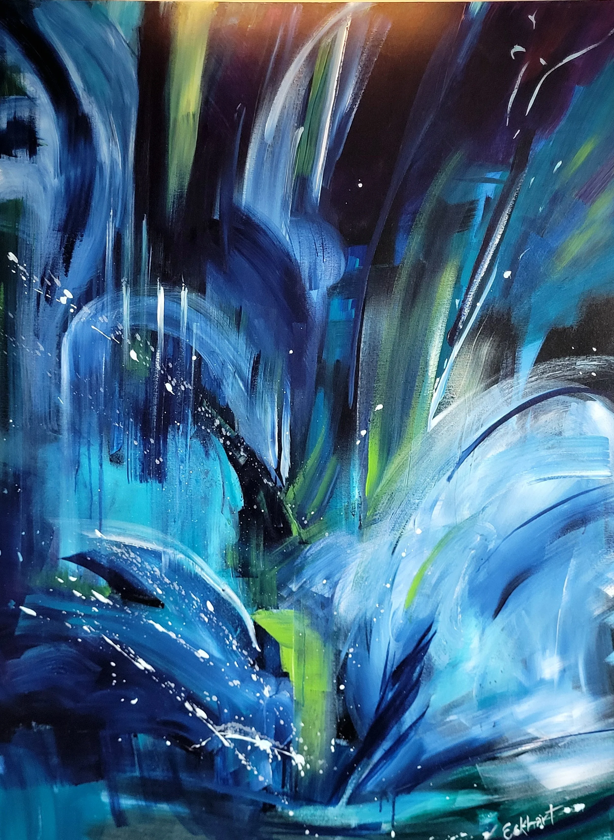 Abstract painting with bold, sweeping strokes in shades of blue, green, black, and hints of white, featuring a splash effect and dynamic movement.