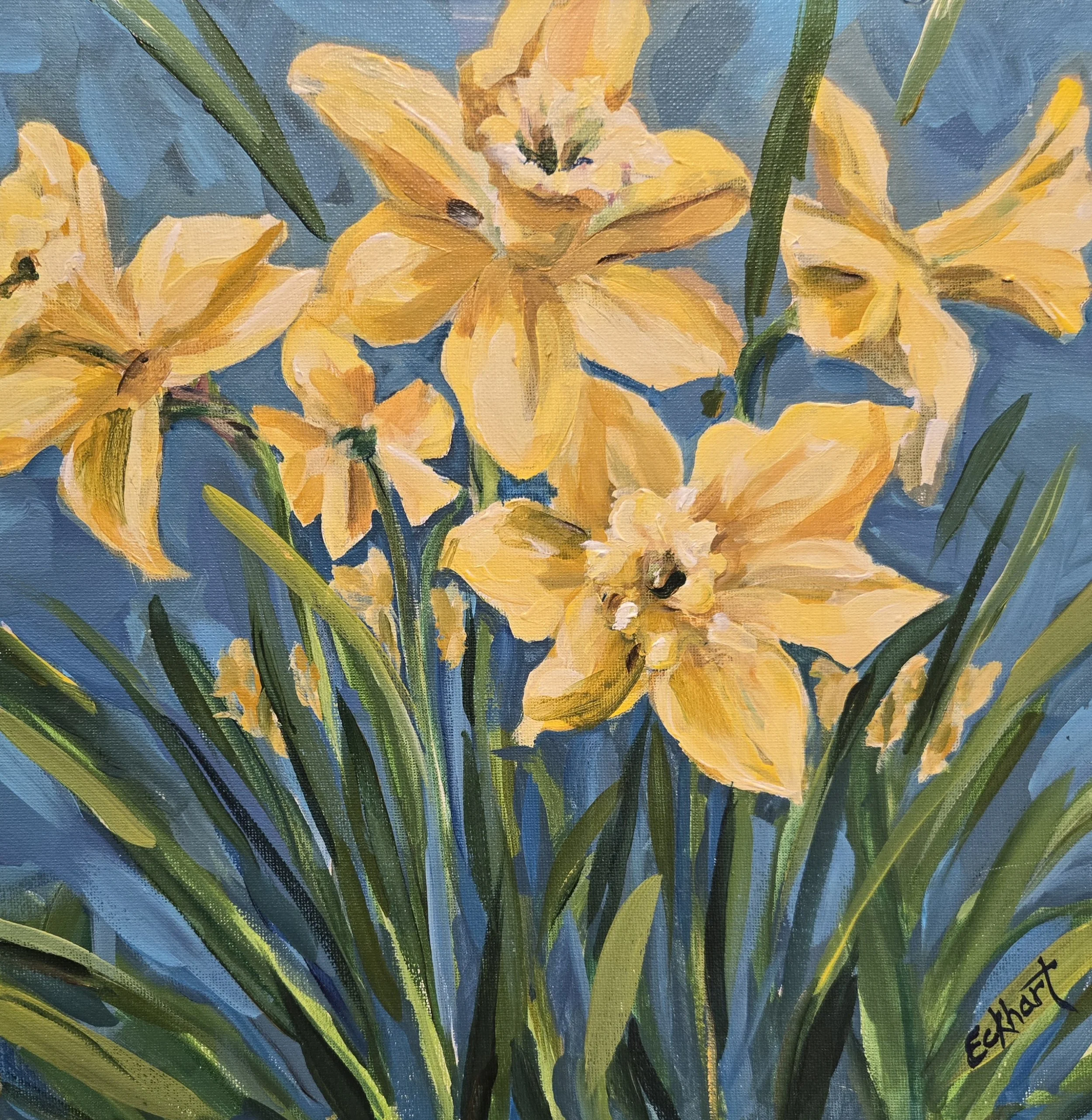 Close-up of yellow iris flowers with green leaves against a blue background, painted in an impressionist style.