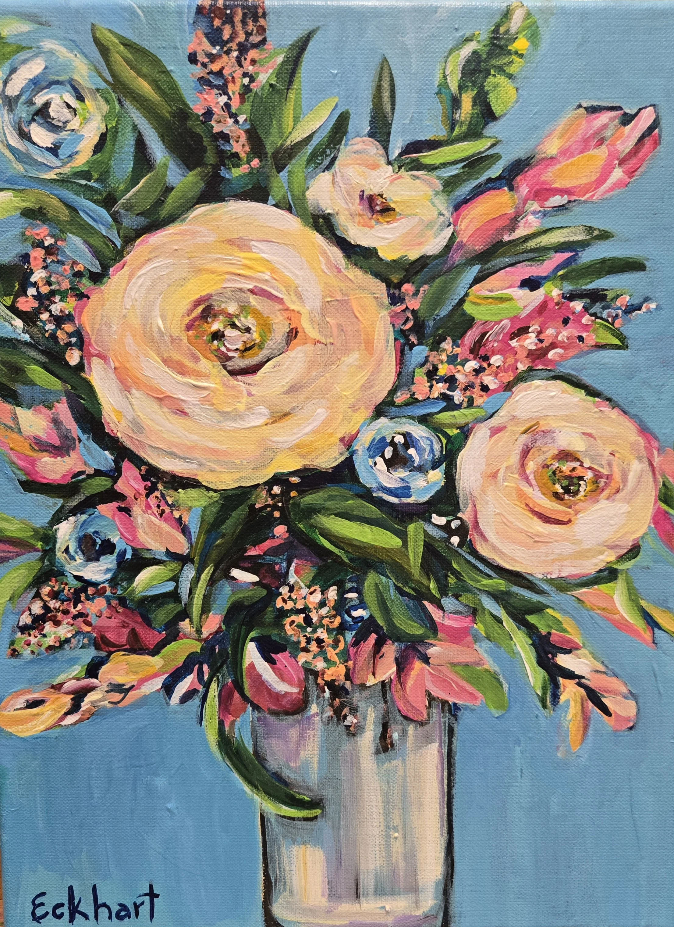 A bright, colorful painting of a bouquet of flowers in a glass vase. The background is blue, and the flowers include roses, lilies, and other blossoms with green leaves.