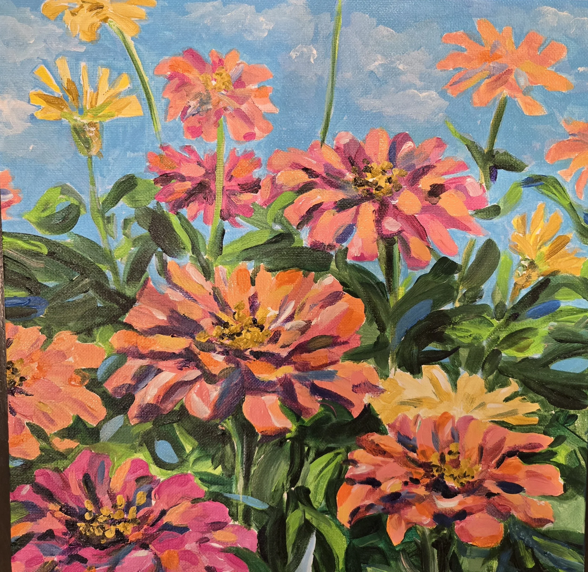 Bright, colorful impressionistic painting of a garden with pink, orange, and yellow flowers against a blue sky with clouds.