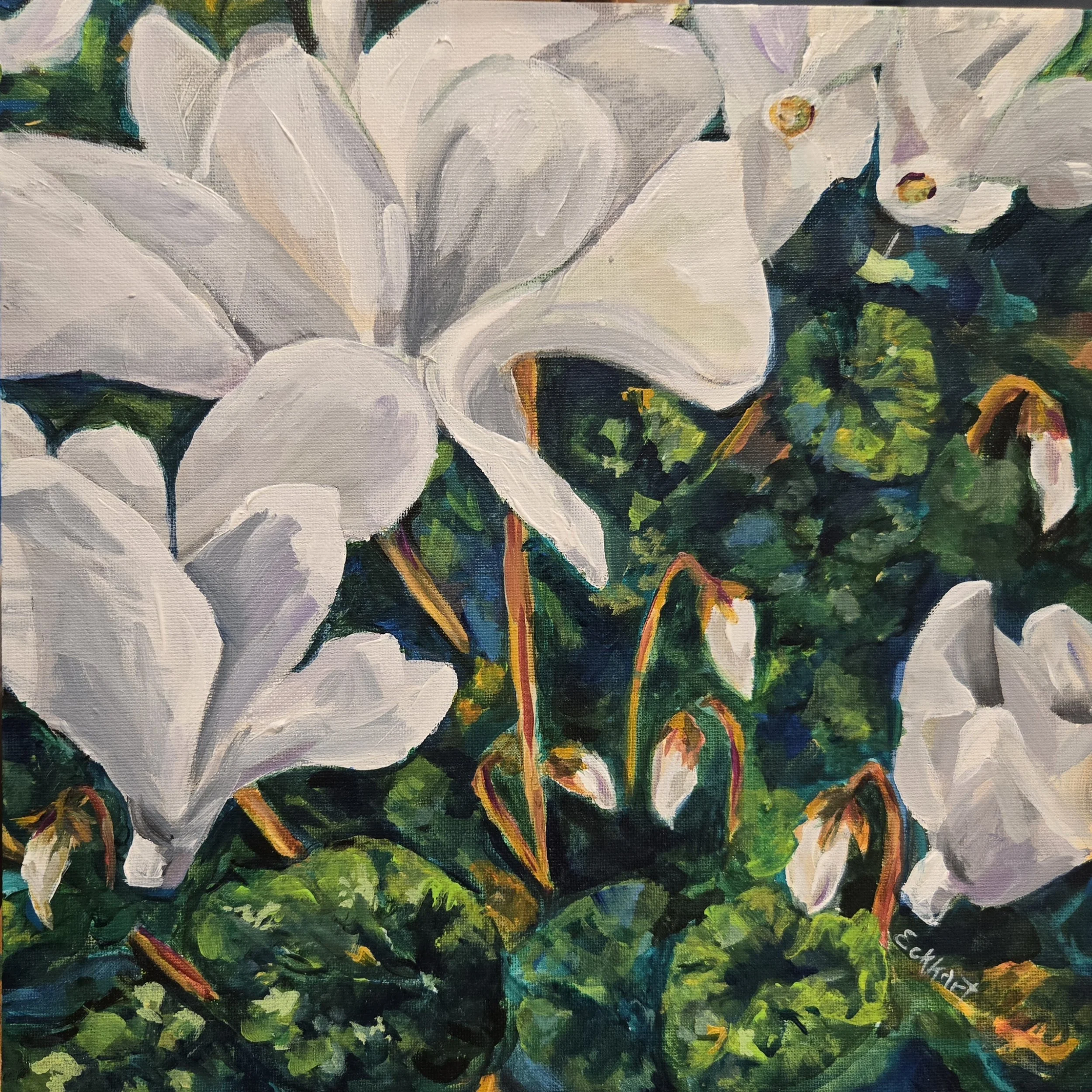 Close-up of a colorful painted floral artwork with white flowers and green, blue, and yellow accents.