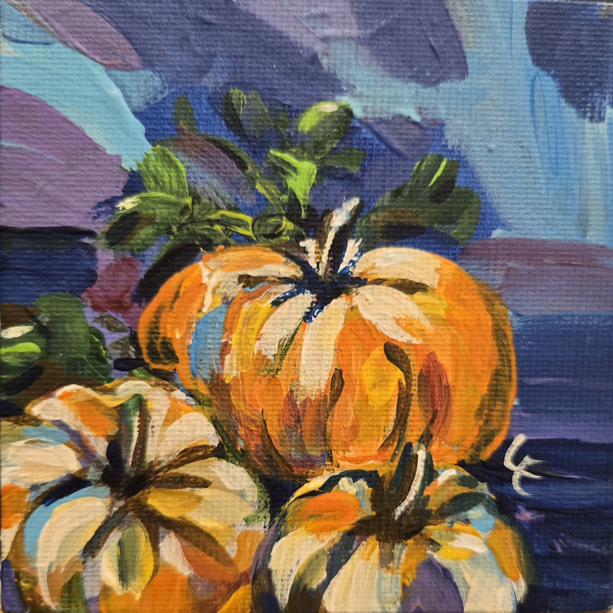 A colorful abstract painting featuring a plant with large green leaves and orange, yellow, and white flowers against a background of purple, blue, and teal brushstrokes.