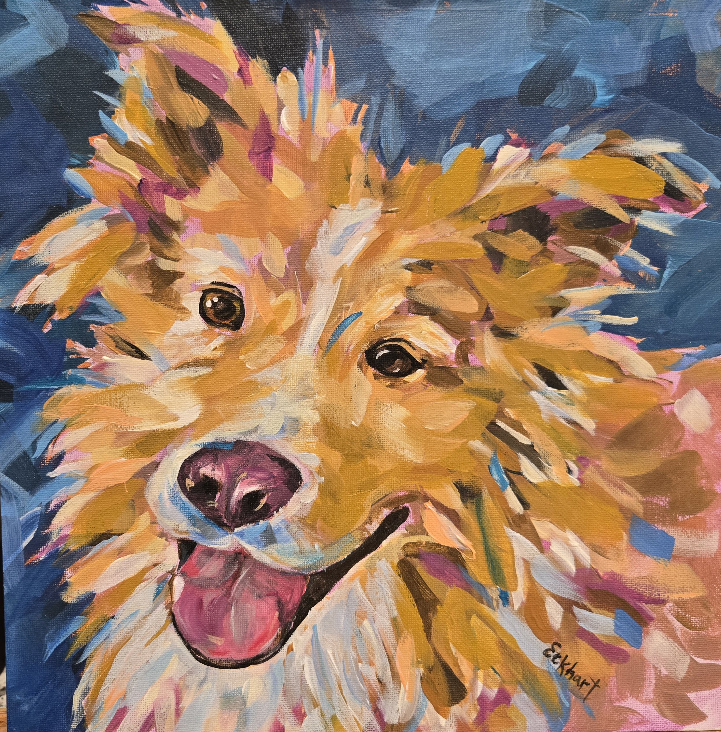 An impressionistic painting of a small dog, possibly a puppy, with a golden-orange fur coat, large dark eyes, and pointy ears, set against a vibrant, colorful background of blues, pinks, and oranges.