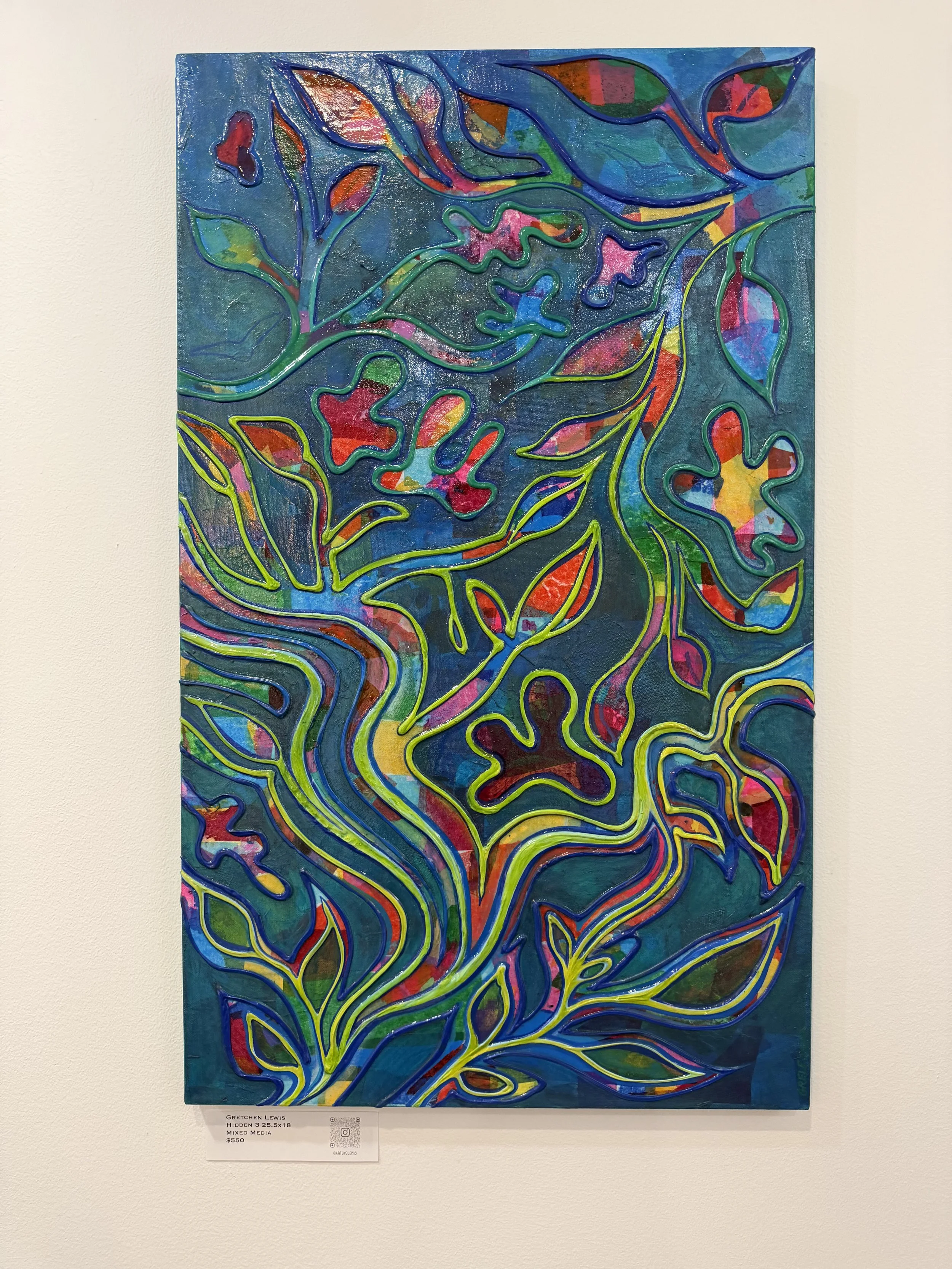 A colorful abstract painting with flowing lines and leaf-like shapes, created with mixed media on canvas, titled 'Hidden 3' by Gretchen Lewis.