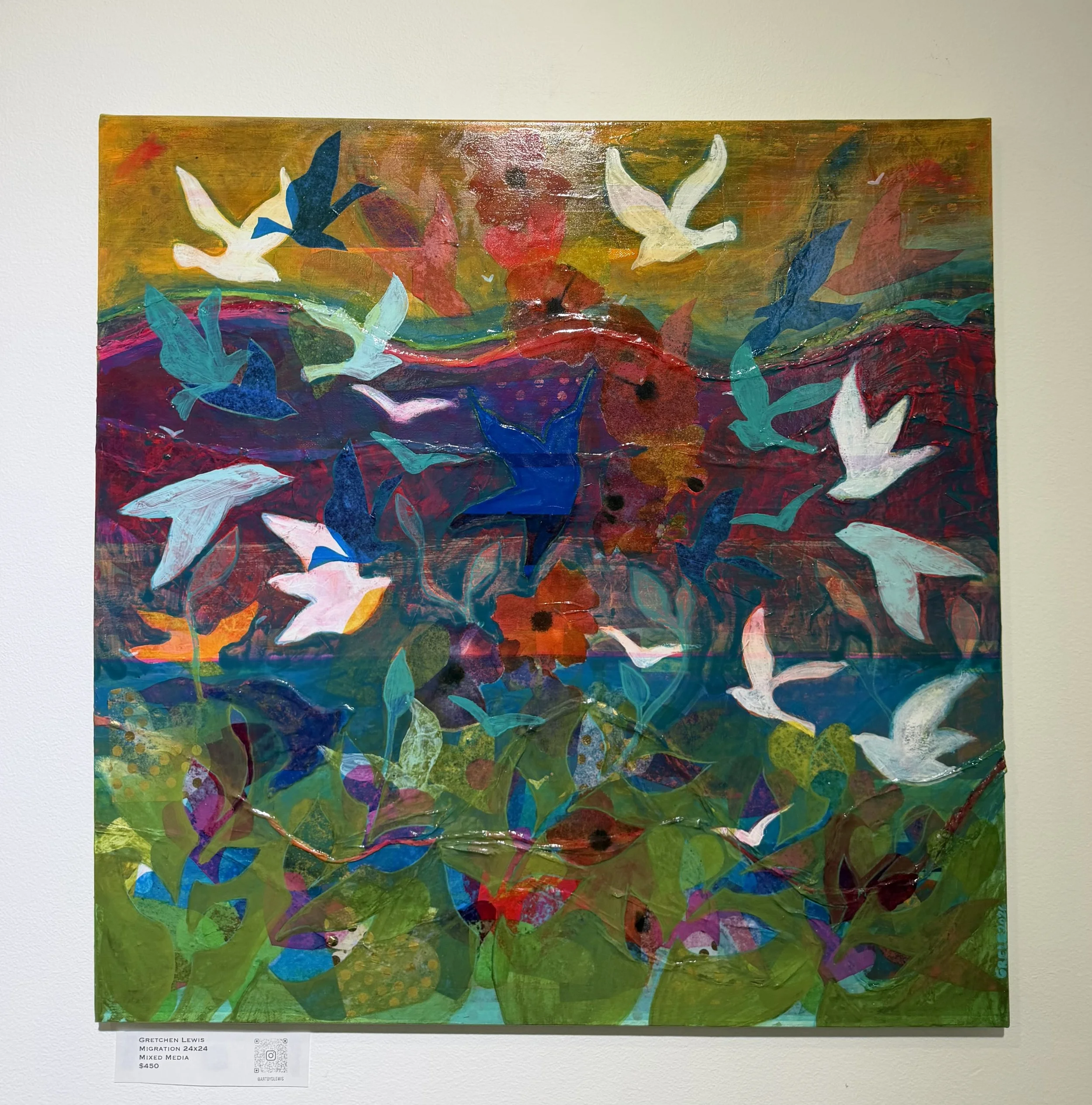 Colorful abstract painting with various colored leaves and bird silhouettes on a mosaic background.