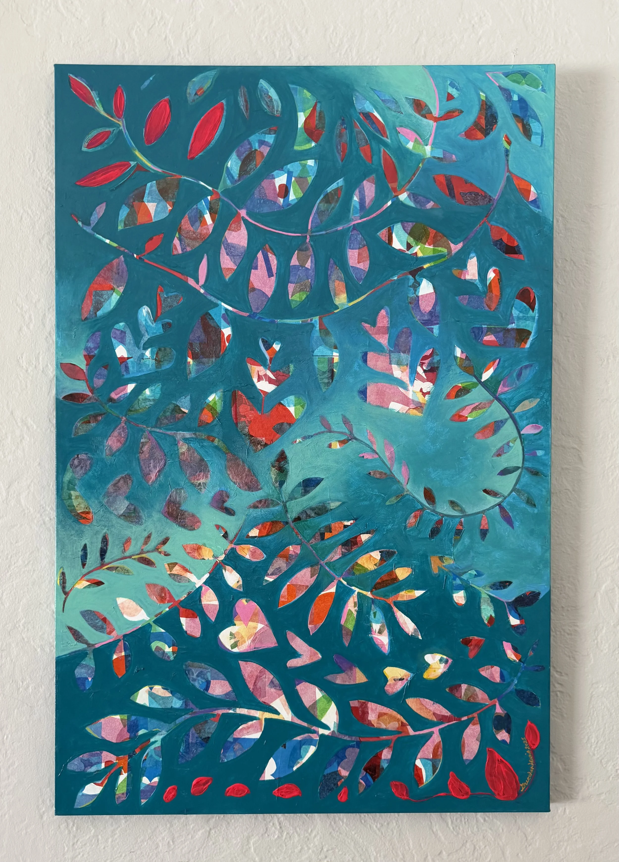Abstract painting featuring colorful leaf-like shapes and patterns on a teal background.