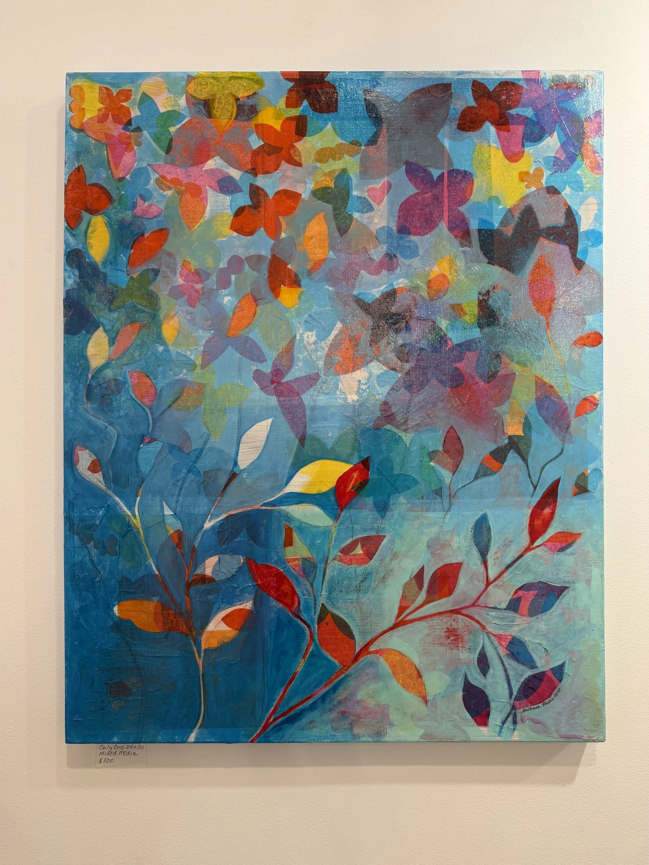 An abstract painting featuring colorful butterfly and leaf shapes on a blue background.