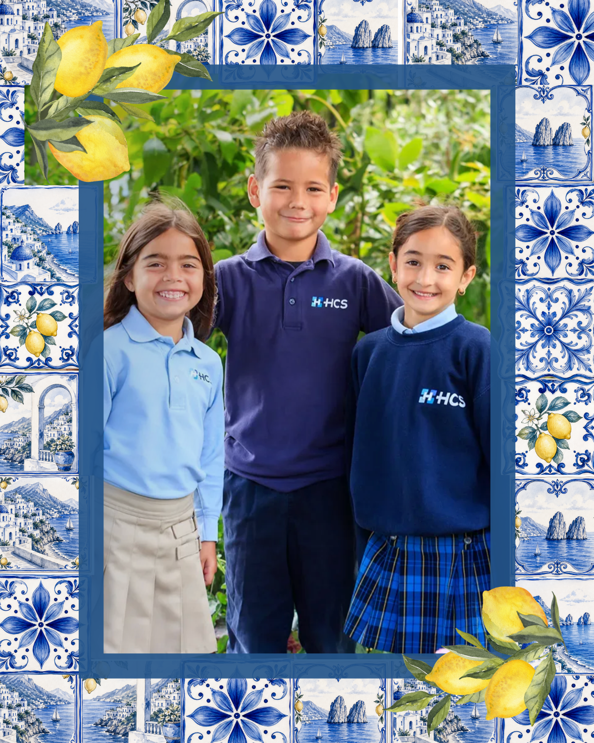 Three children smiling, standing outdoors with greenery in the background, wearing school uniforms with HCS logo, surrounded by a decorative border featuring blue and white tile patterns and lemons.
