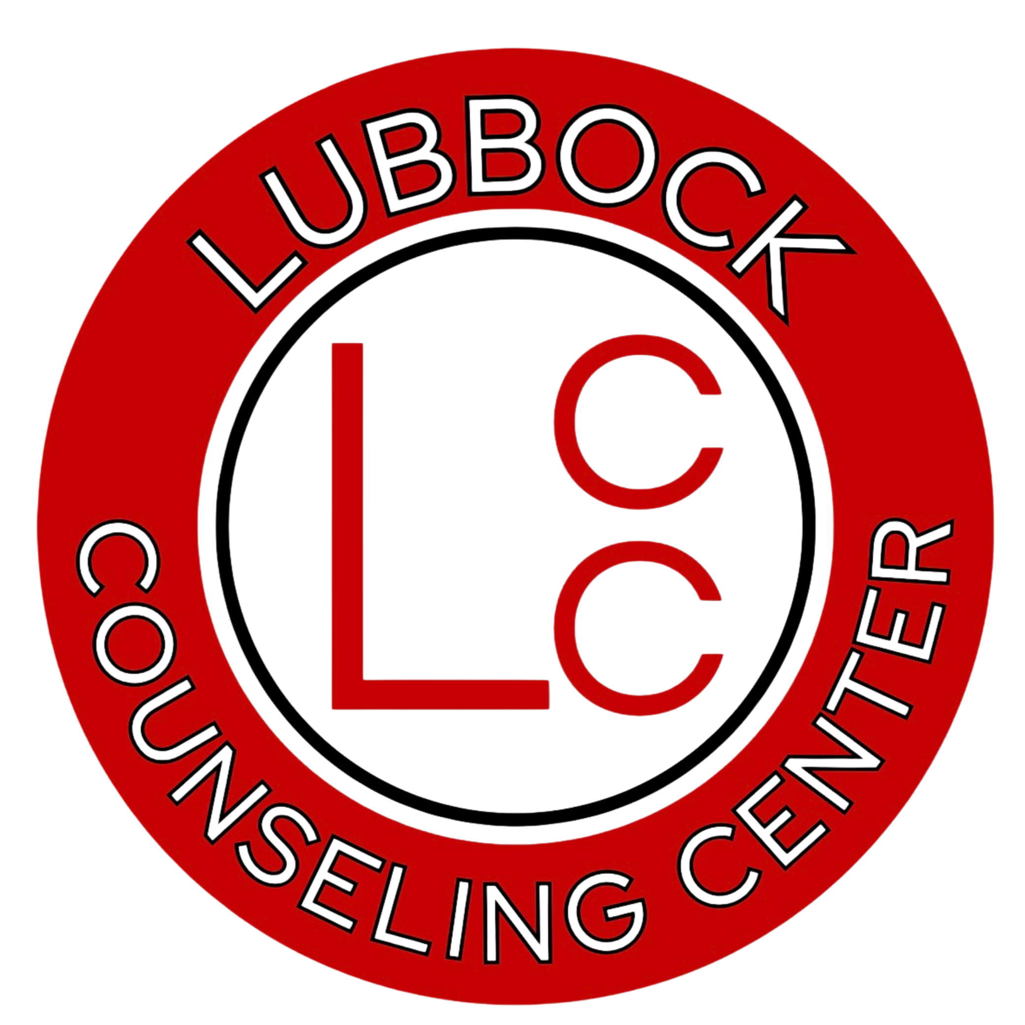 Close-up of a red circular logo with black text that reads 'LUBBOCK COUNSELING CENTER'.