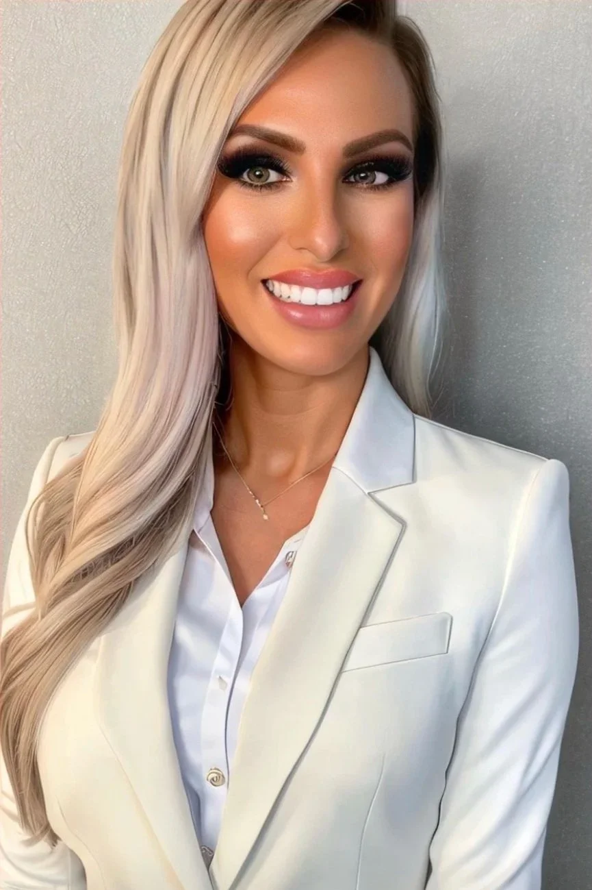 A woman with long, blonde hair styled in loose waves, wearing a white blazer and a white shirt, smiling against a plain background.