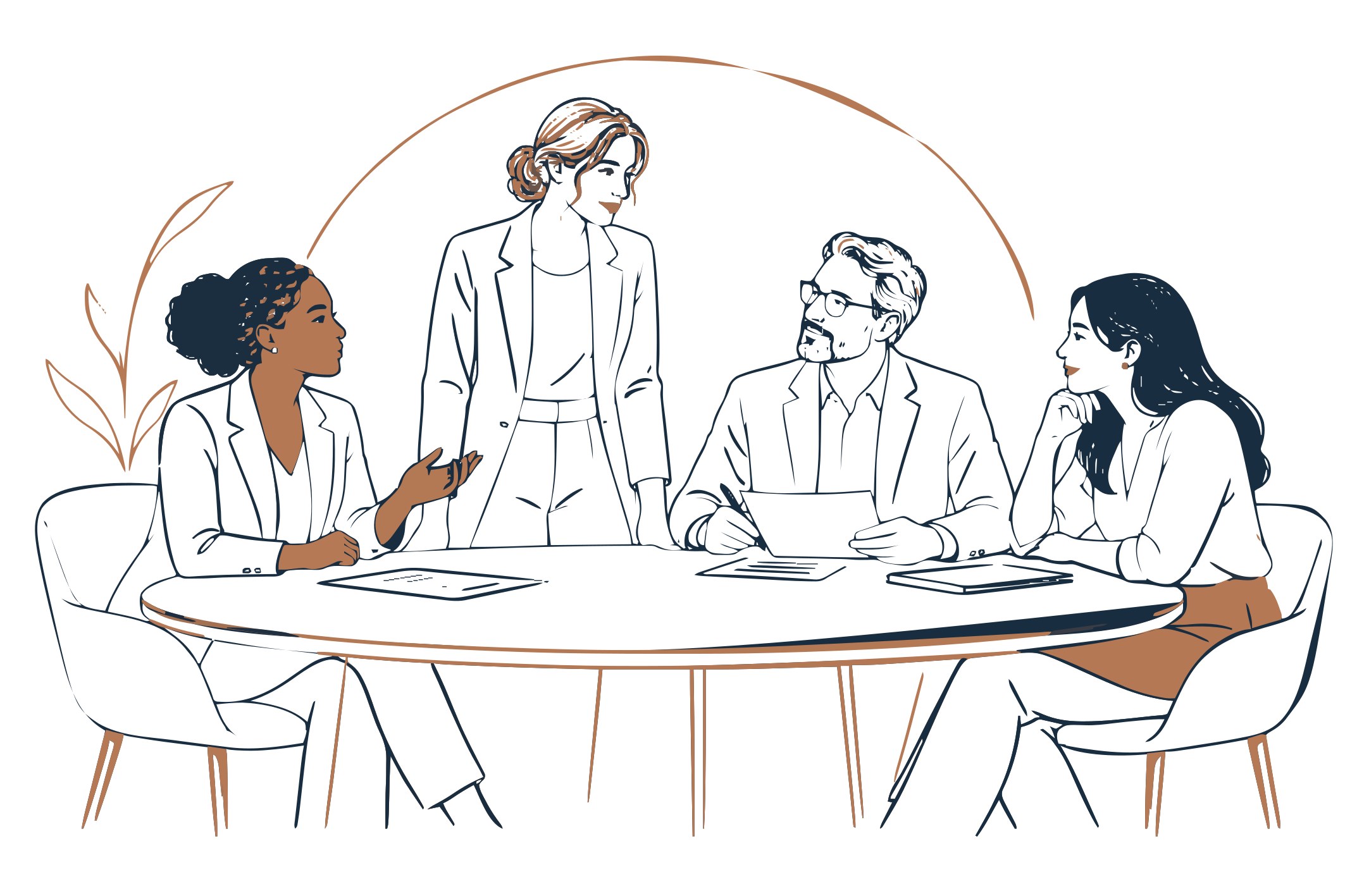 Illustration of five diverse professionals engaged in a discussion around a round table, with some taking notes and others speaking.
