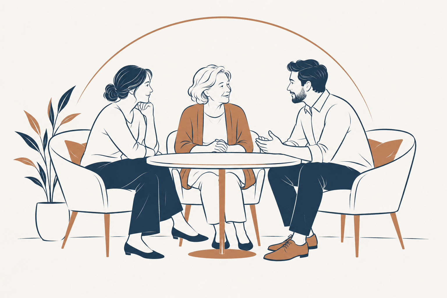 Drawing of three people sitting around a table having a conversation. A woman with gray hair in the middle, a woman with dark hair on the left, and a man with dark hair and a beard on the right.