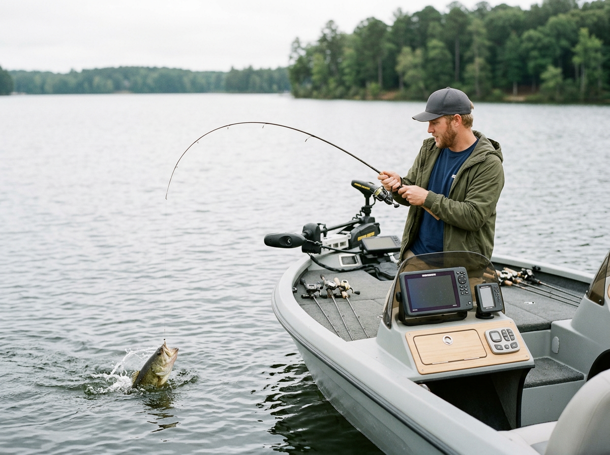 Man fishing from boat on lake with a fish caught on line, surrounded by water and trees in the background.