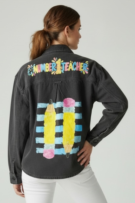 Starting at $70, including the garment
The Number One Teacher (back) - featuring colorful teacher lettering and an oversized pencil design. 