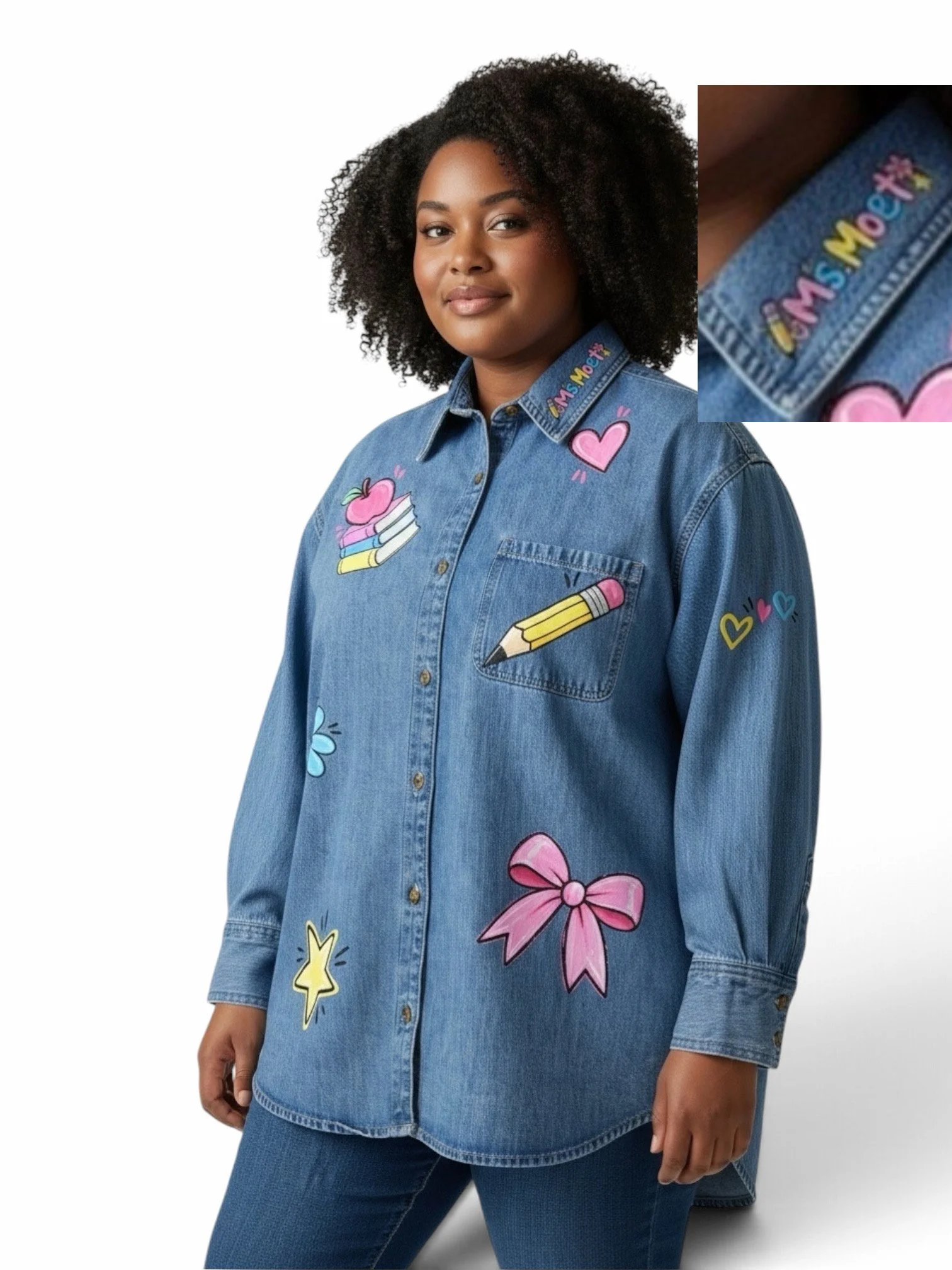 The Plans I Have for You (front) — colorful teacher-inspired denim with a meaningful back quote. Shown with “Ms. Moet” collar personalization—request your own name.

Starting at $70, including the garment. Personalization may cost extra. Shipping add