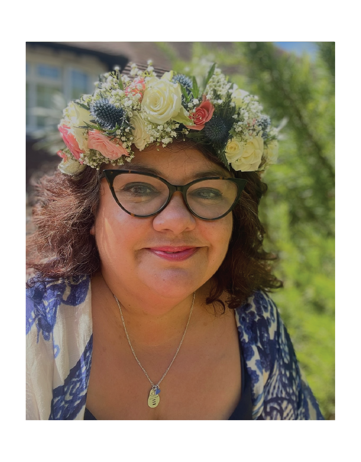 Charlotte the Celebrant, Independent wedding celebrant in Sussex, wearing a flower crown