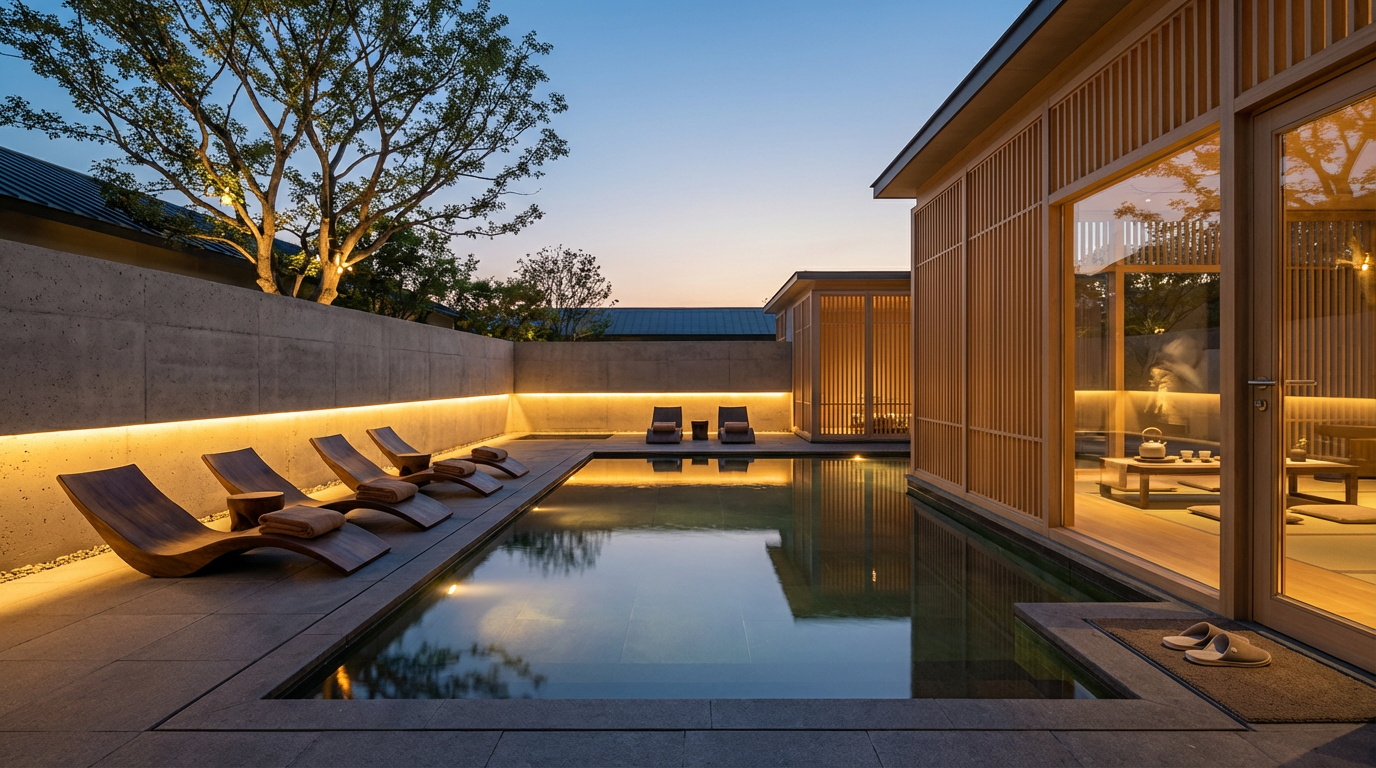 Luxury outdoor bathtub with wooden lounge chairs, a tree, and a modern glass-walled room at dusk.