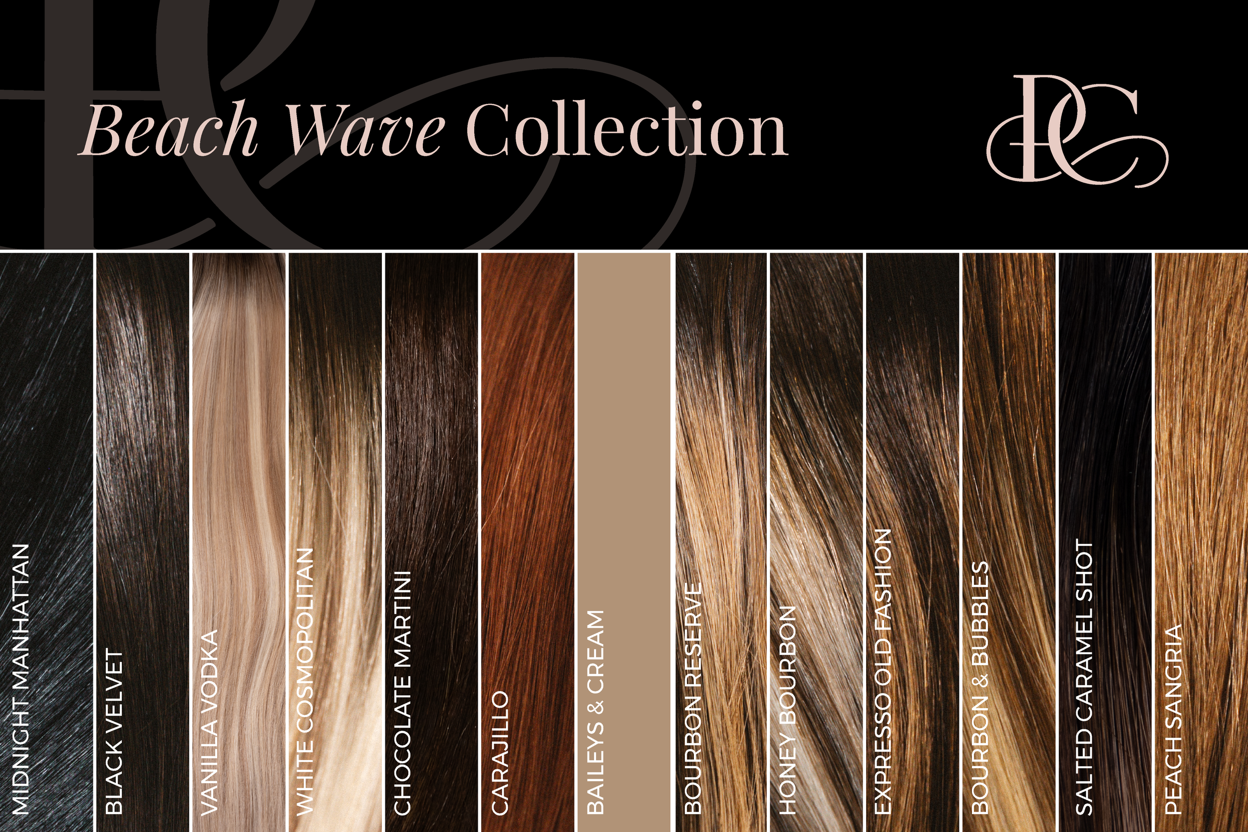 Collection of hair color swatches labeled with names such as Midnight, Black Velvet, Black Cocoa, Velvet, Dark Vital, Violet, Worn, Cosmo, Latte, White, Chocolate, Caramel, Honey Buns, Amber, Ancient Beryl, and Champagne, arranged in rows.