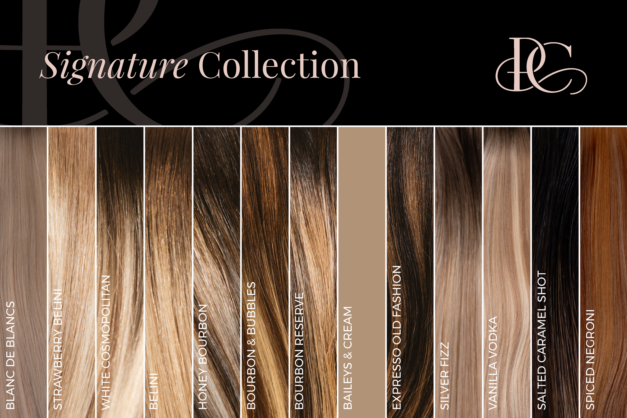 Color chart of different shades of hair color with labels such as Honey Bourbon, Vanilla Vodka, and Spiced Negroni.