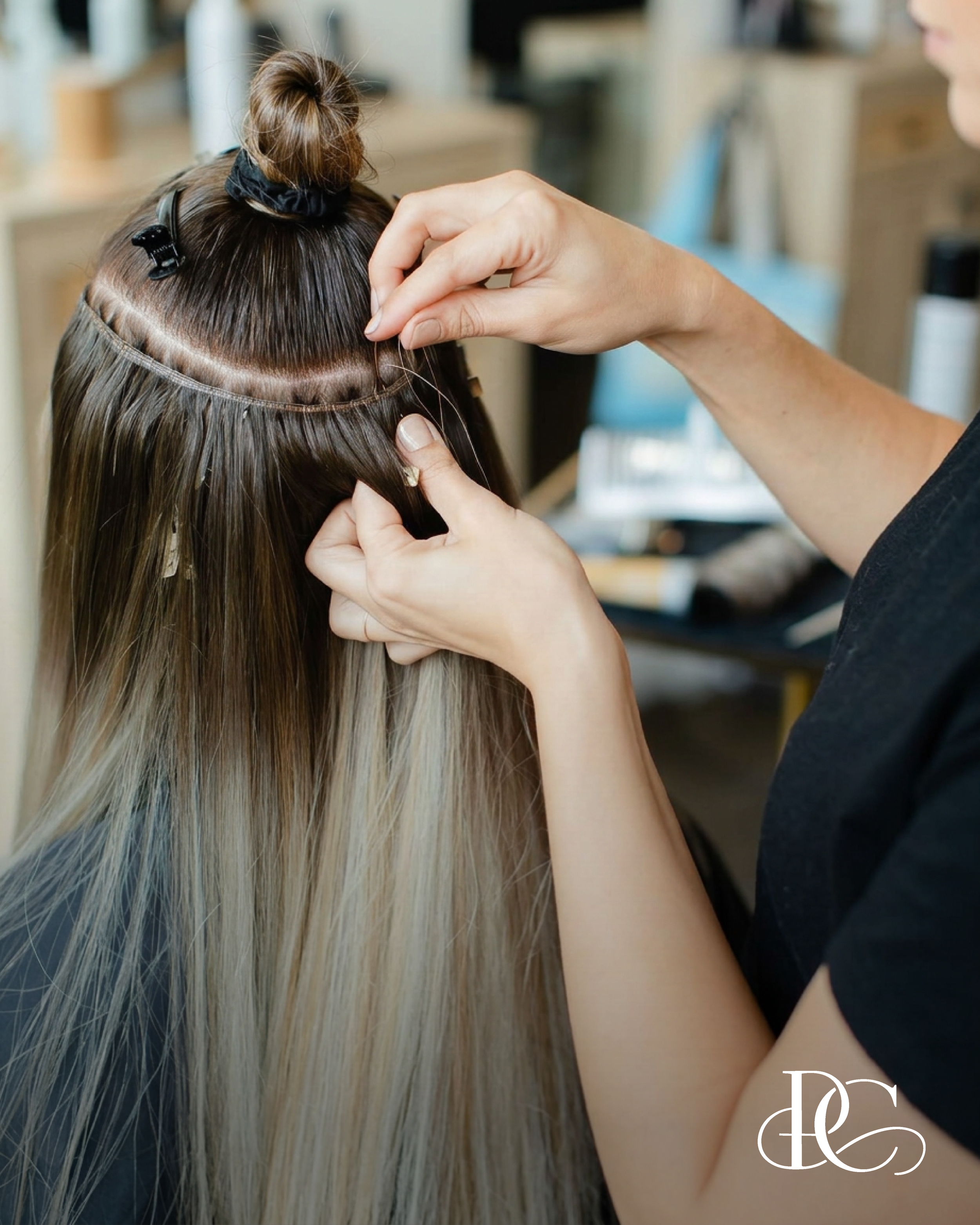 A hairstylist is attaching hair extensions to a client's long, blonde hair using a thin strip and a tool, in a salon setting.