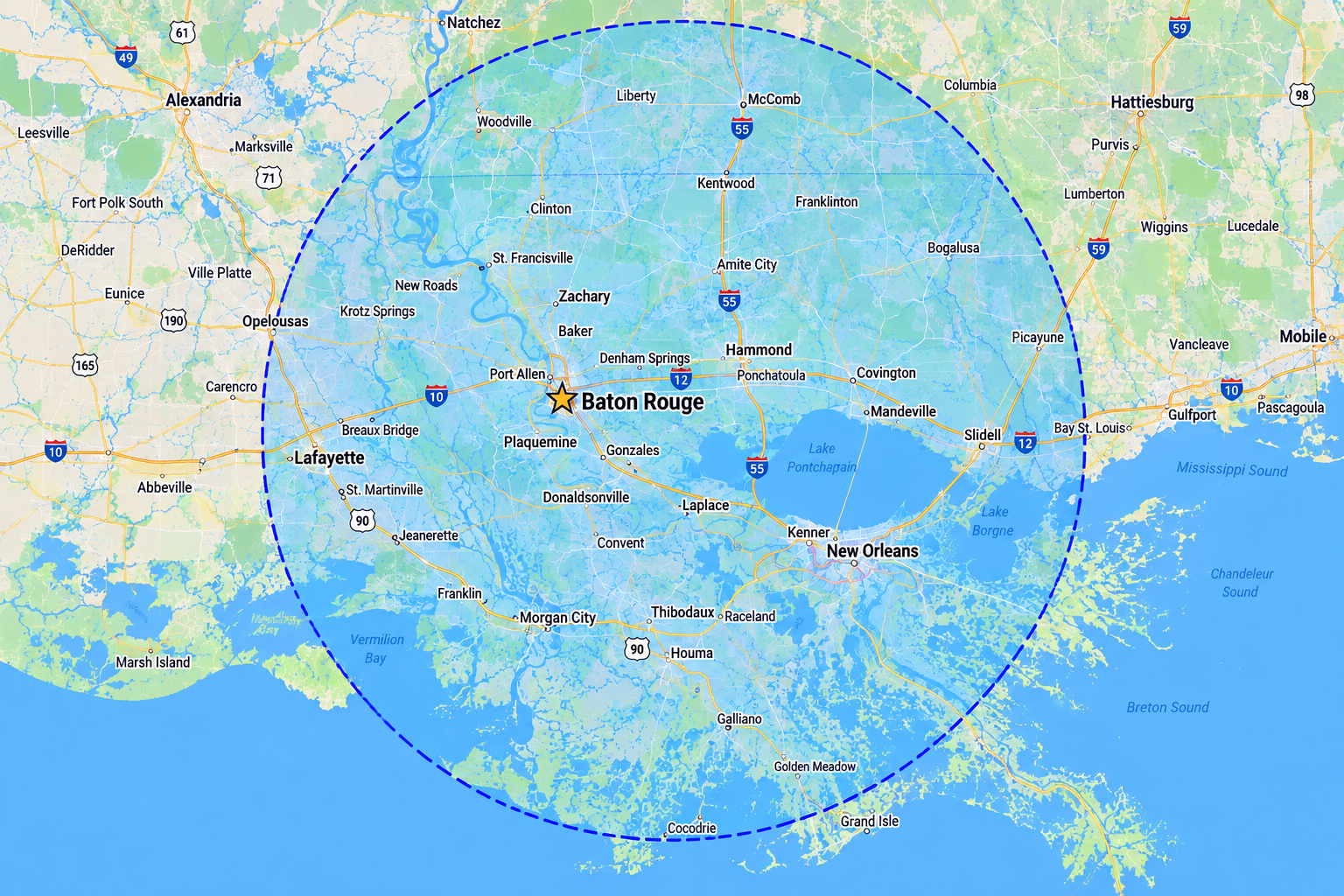 Map of the Baton Rouge area showing a 100-mile radius circle centered on Baton Rouge, Louisiana, with major cities and highways marked.