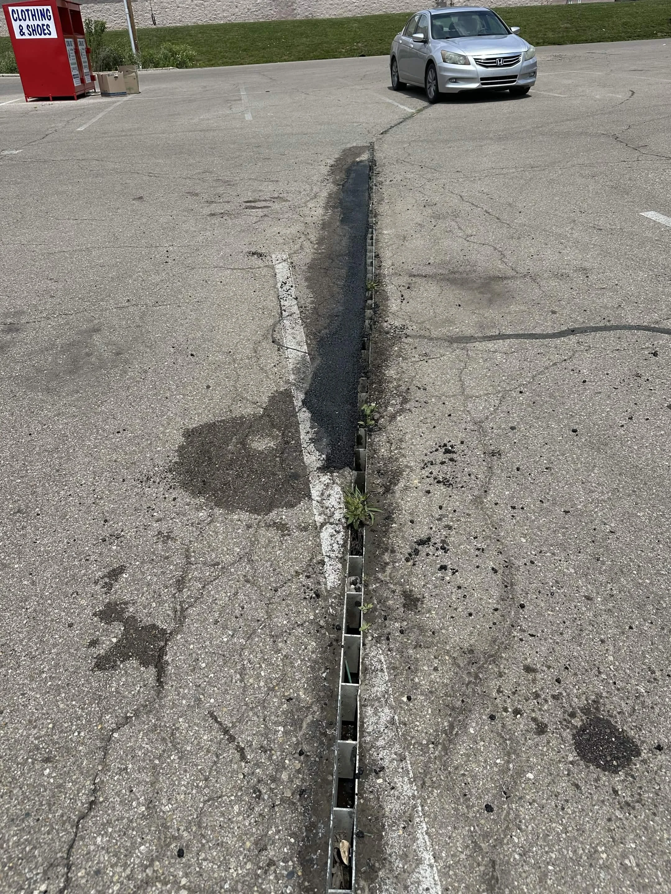 A parking lot with a pothole repair in progress, with a trench filled with asphalt and small plants growing inside it, next to an empty parking space and a parked silver car in the background.