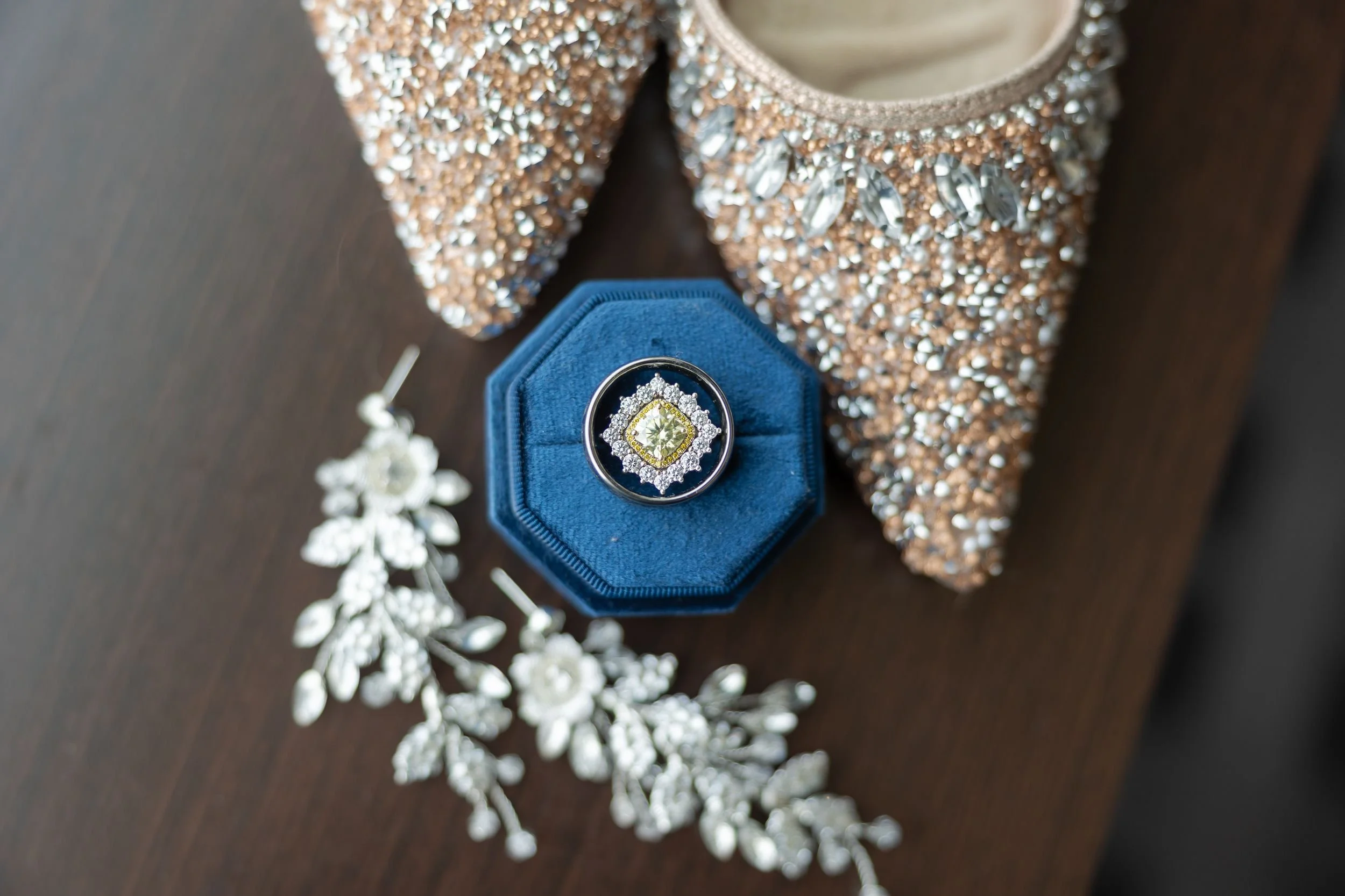Sparkly bridal heels, a blue ring box and white flowers for Lydia and Ryan's Fort Worth wedding