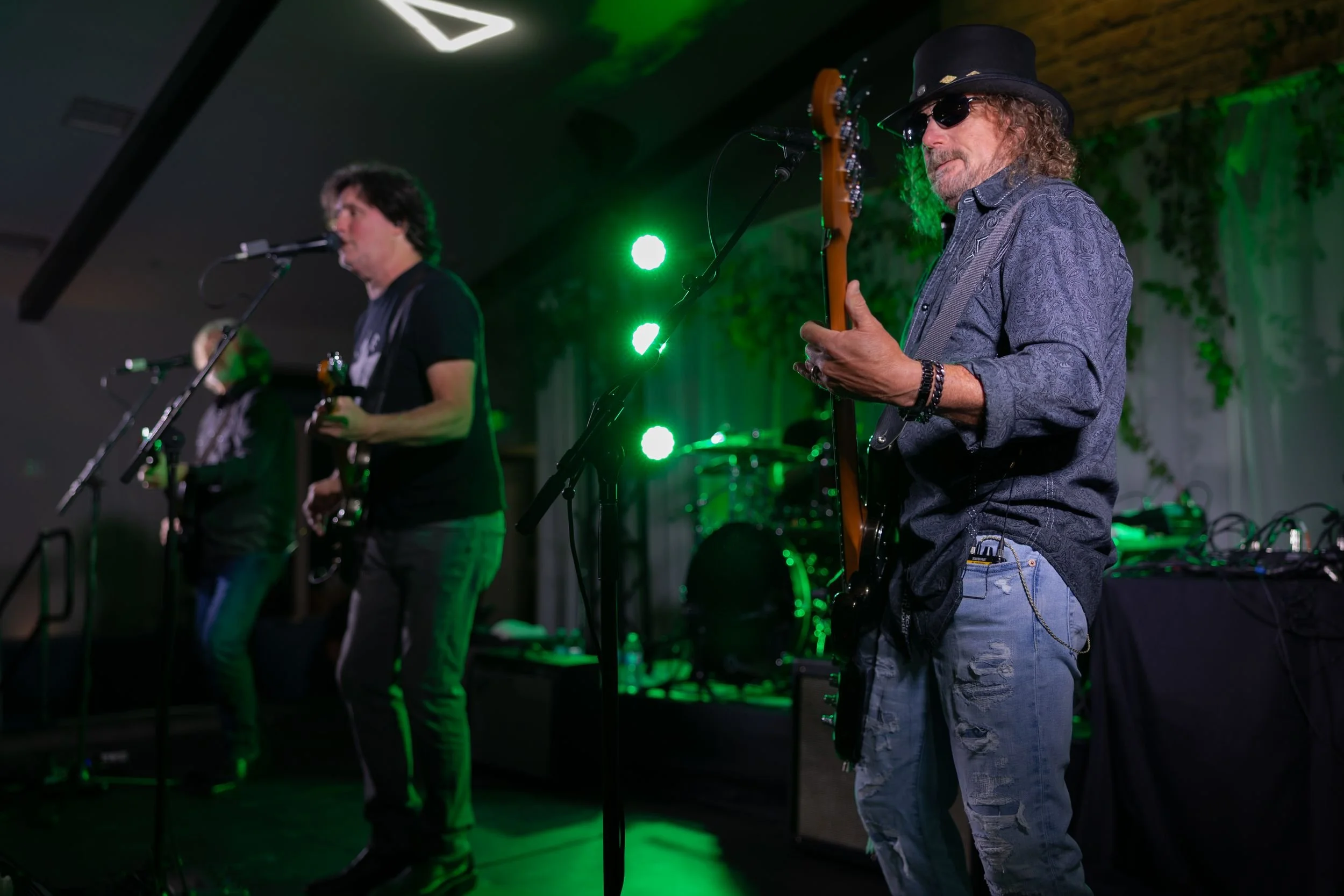 Live country band playing under green lights at the Dove Ridge Vineyard reception