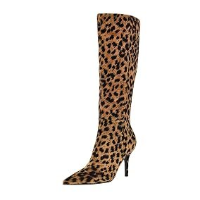 Leopard print high-heeled knee-high boot with a pointed toe and stiletto heel.