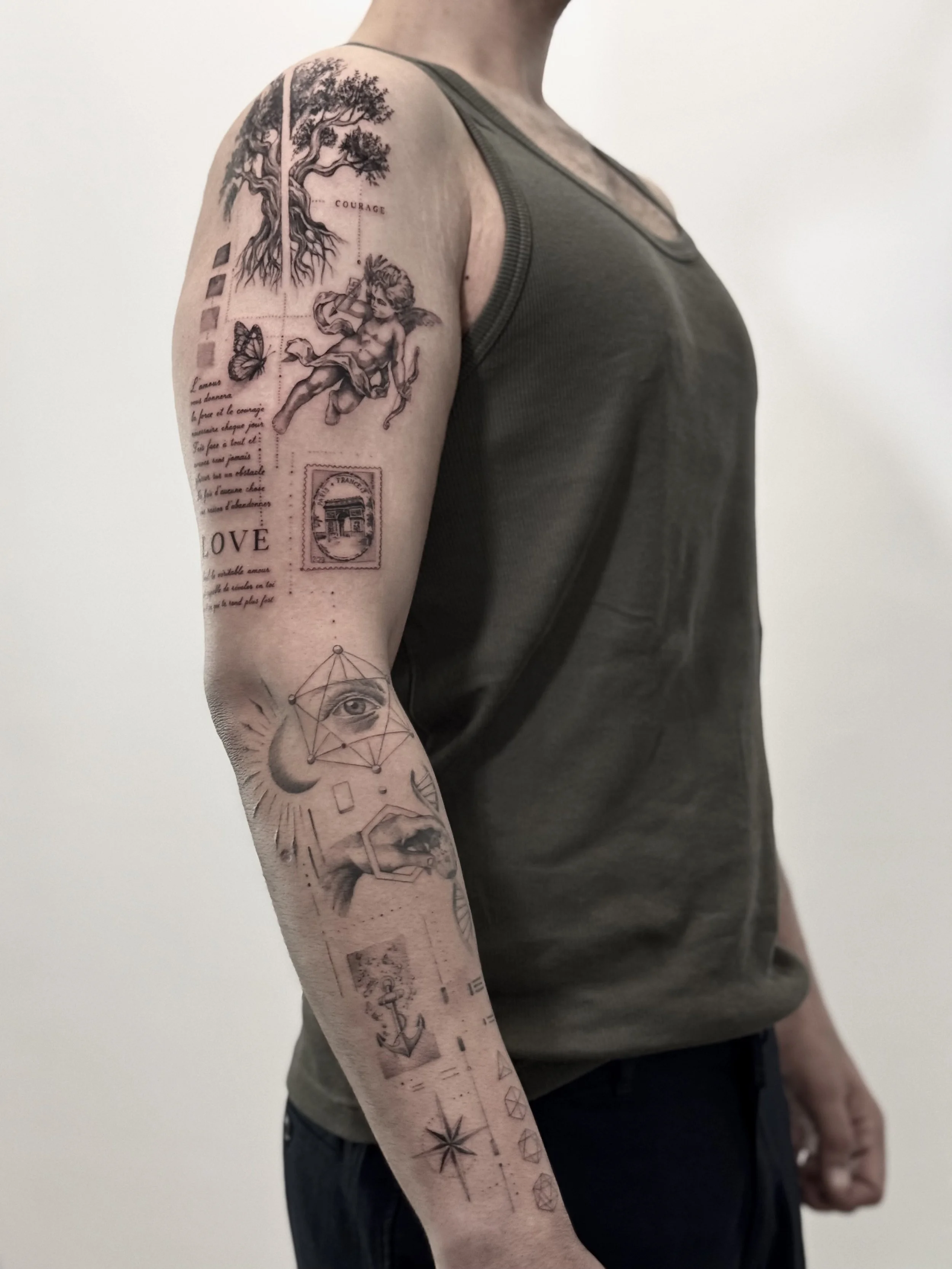 Discover micro-realism tattoos at NEXT in Paris, inspired by ancient gods, classical sculpture and mythology.