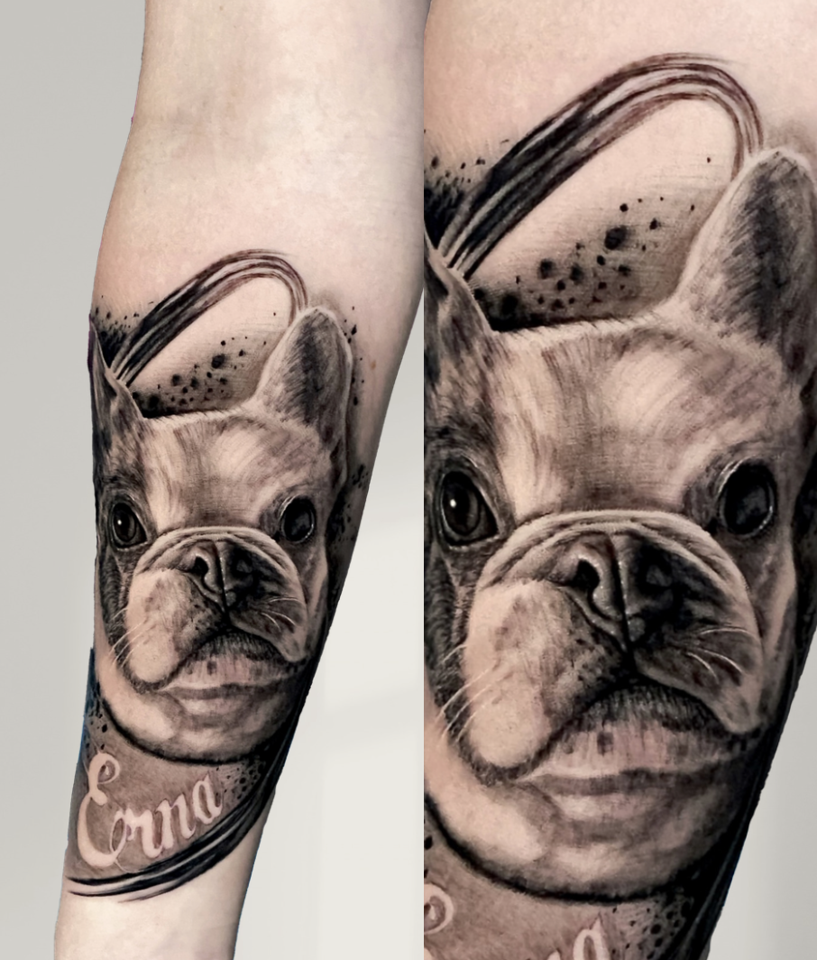 Discover traditional tattoo designs at NEXT in Paris, inspired by American old school imagery, strong linework and rich colours. Dogs tattoo, animals tattoo, cats tattoo, family tattoo.