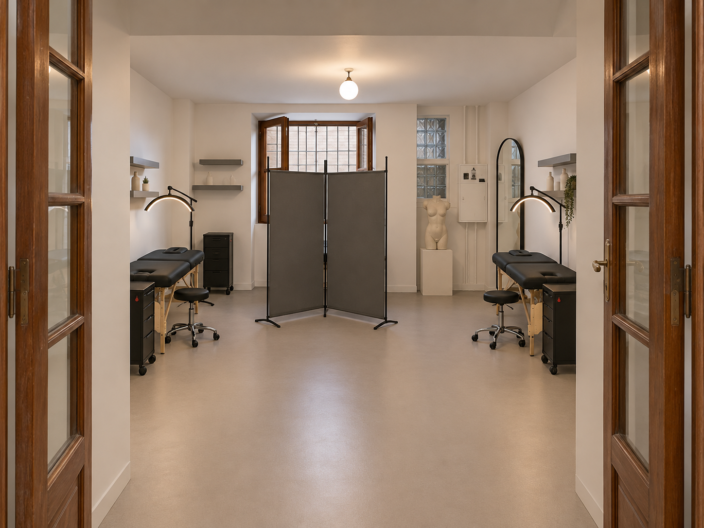 Next Tattoo Studio in Paris. Technical room with several tattoo artist stations, each with a black chair and lamp, separated by a portable screen.