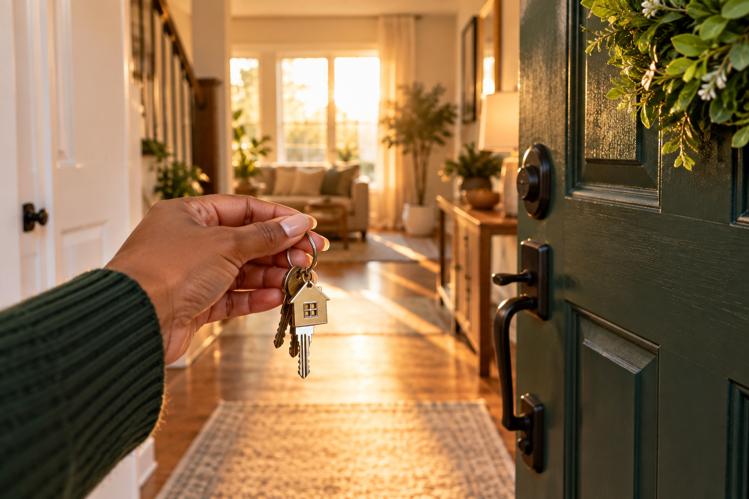 A person holding a keychain with house-shaped keys in front of a front door, opening into a warmly lit living room with sunlight streaming through windows and furniture inside.