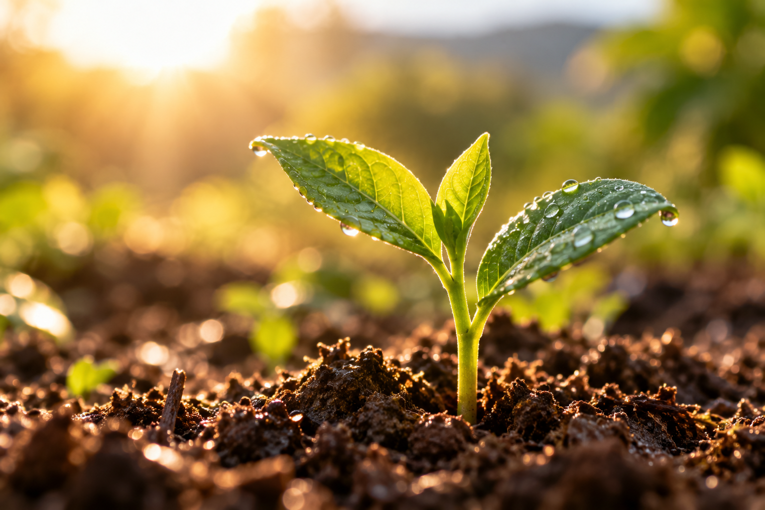 A young plant with green leaves growing in rich, dark soil, with sunlight shining in the background.
