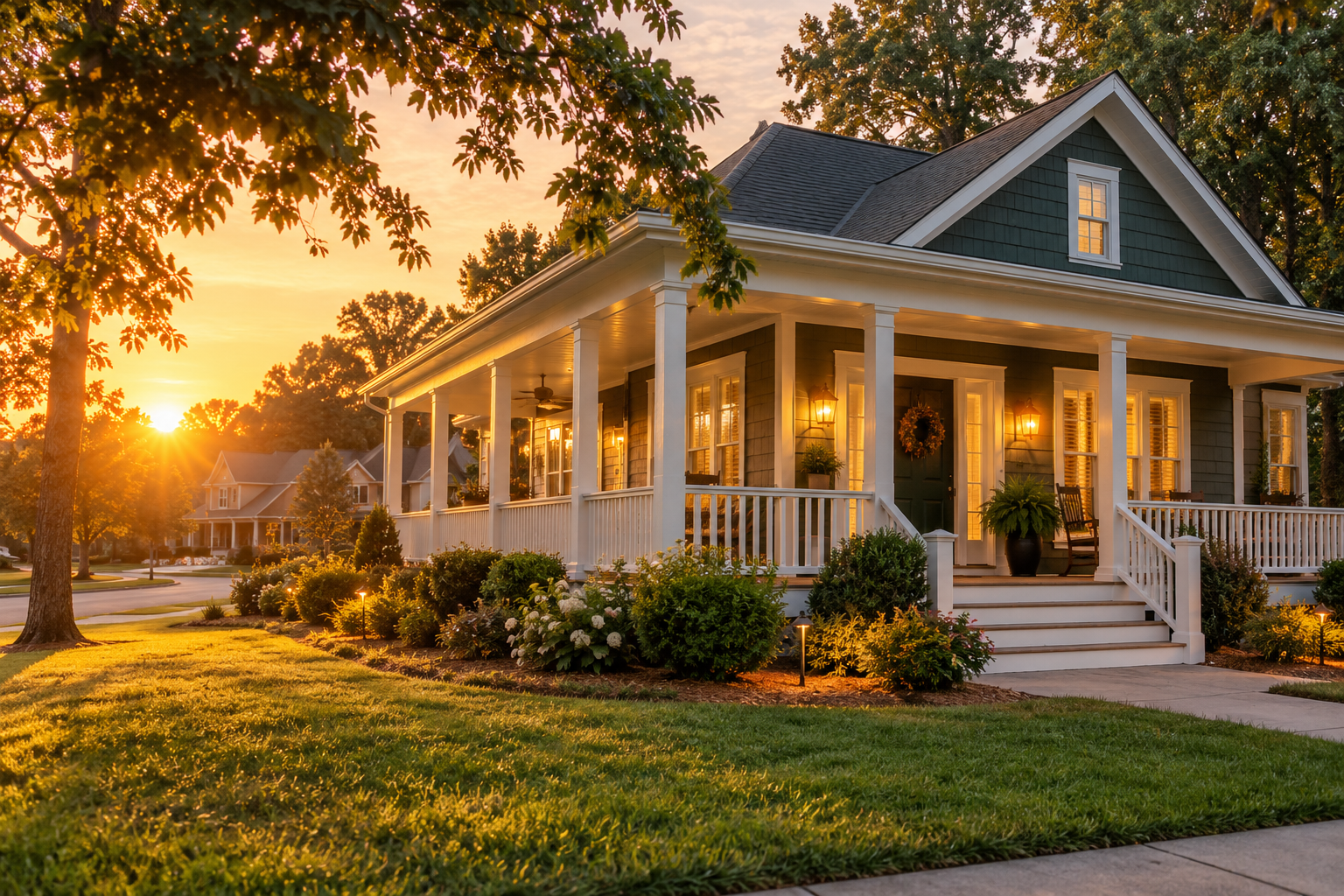 A cozy house with a wrap-around porch, illuminated by warm outdoor lights at sunset, surrounded by lush greenery and landscaped garden.