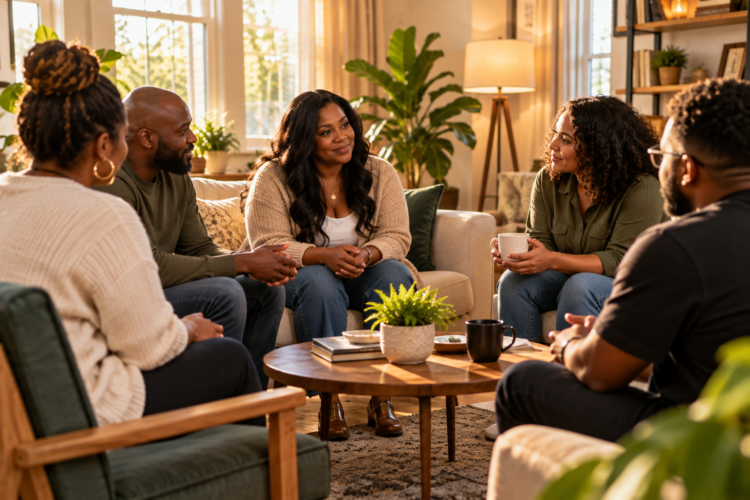 A group of six diverse adults sitting in a cozy living room, engaged in conversation. Sunlight streams through large windows, illuminating plants and books in the background. They are seated around a round wooden coffee table with cups and a potted plant.